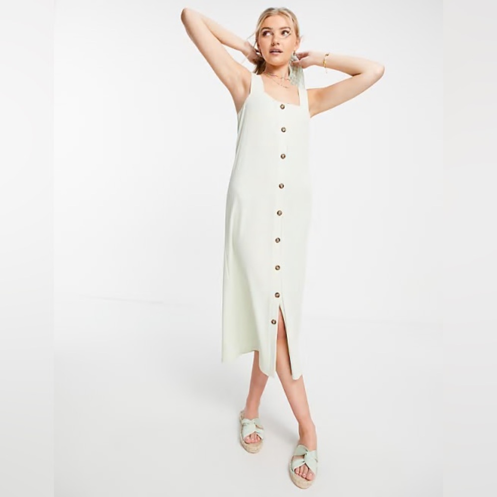 ASOS DESIGN Textured Midi Cami Dress With Horn Buttons in Sage Size 6
